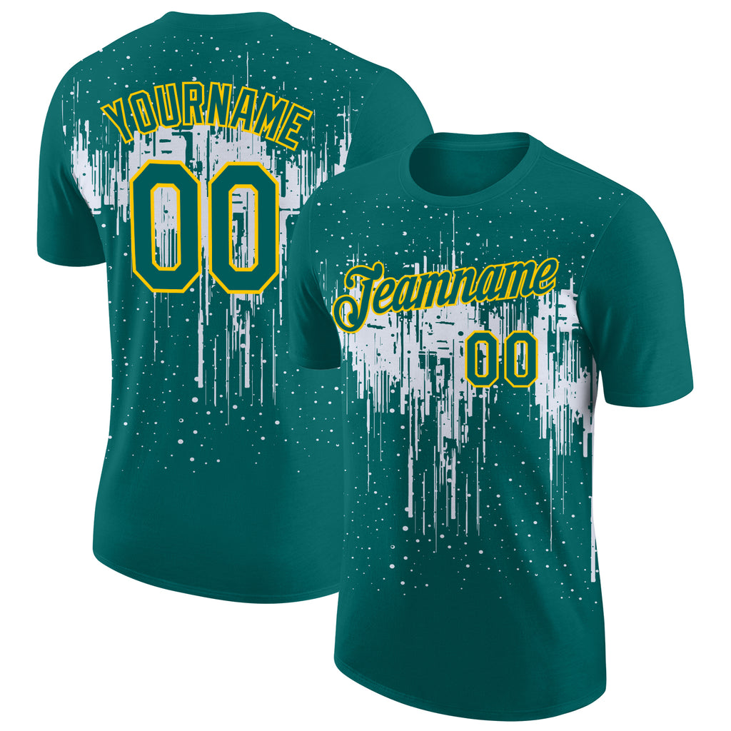 Custom Teal White-Yellow Dripping Splatter Paint Performance T-Shirt