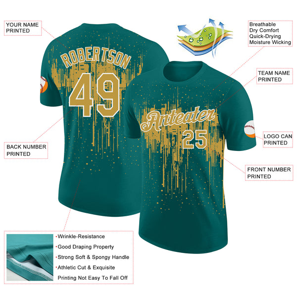 Custom Teal Old Gold-White Dripping Splatter Paint Performance T-Shirt