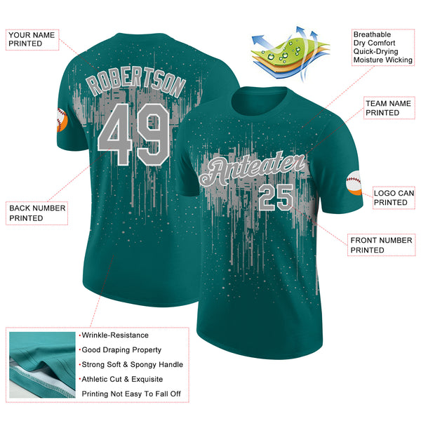Custom Teal Gray-White Dripping Splatter Paint Performance T-Shirt