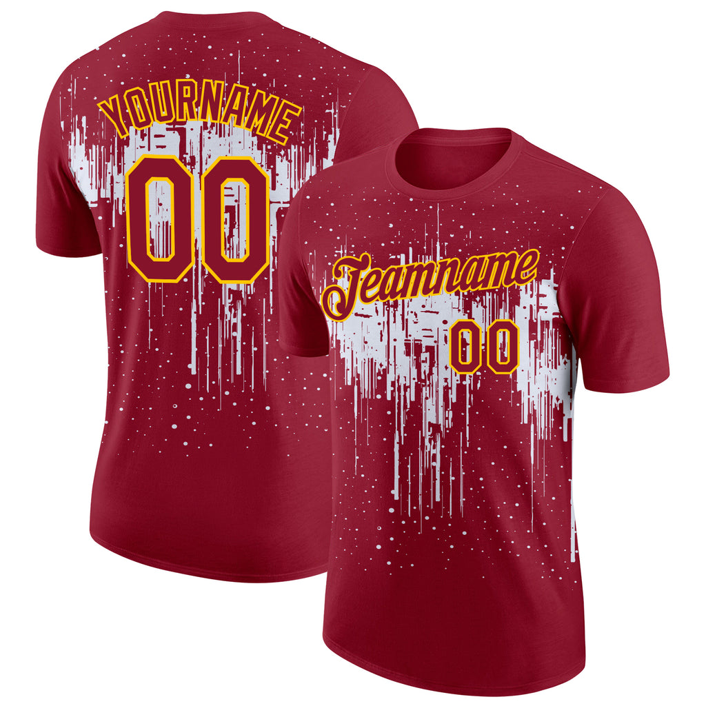 Custom Crimson White-Yellow Dripping Splatter Paint Performance T-Shirt