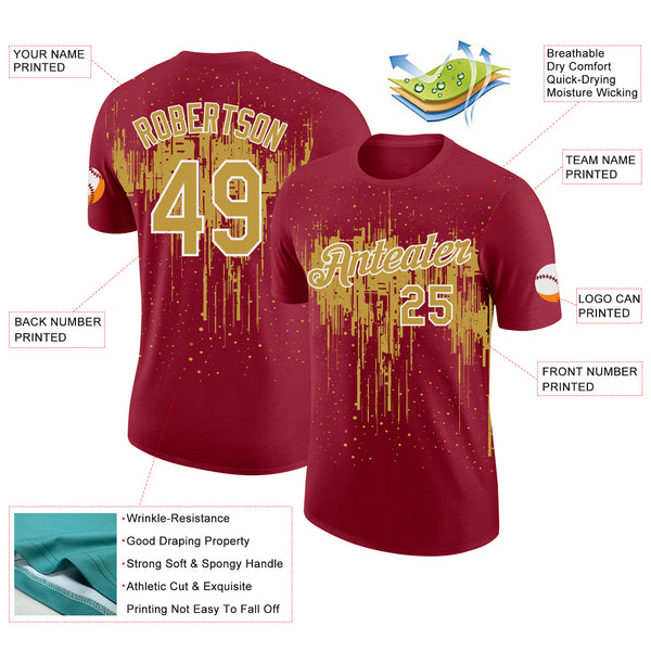 Custom Crimson Old Gold-White Dripping Splatter Paint Performance T-Shirt