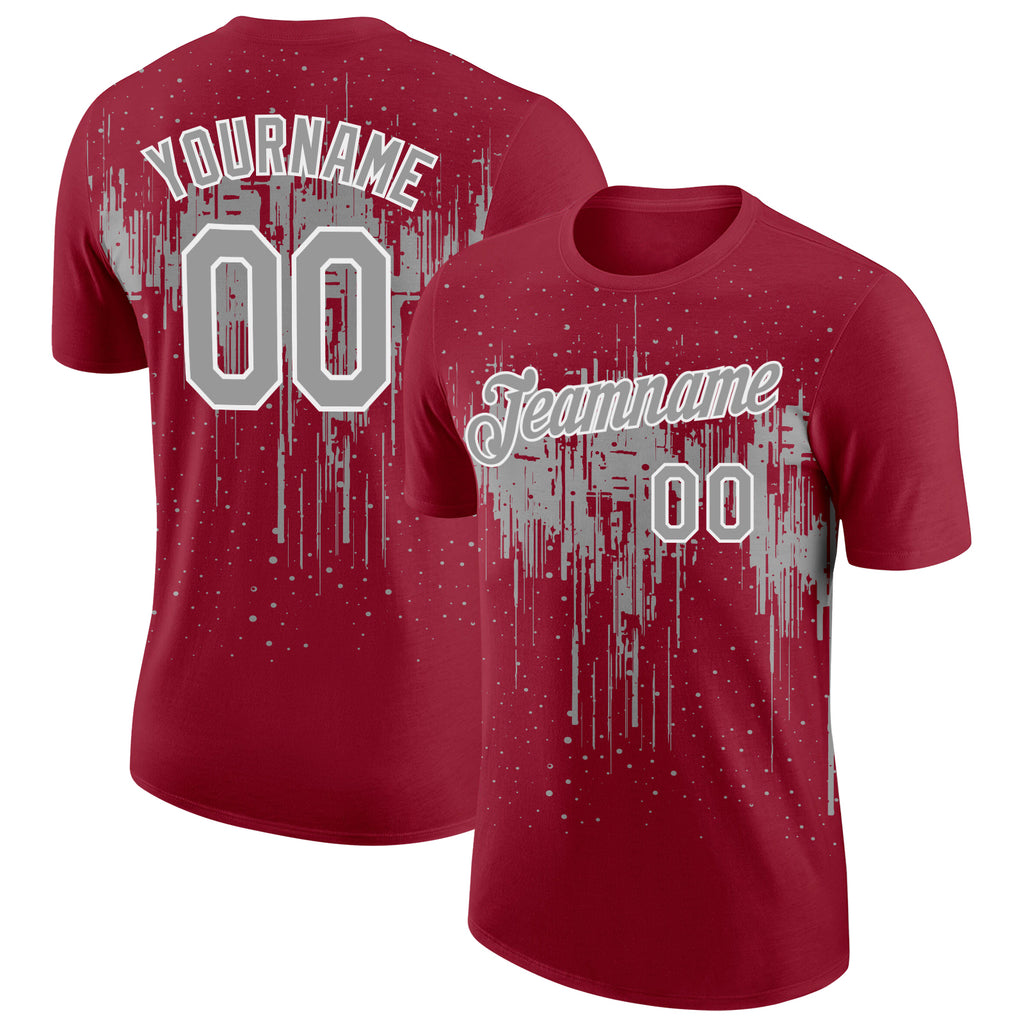 Custom Crimson Gray-White Dripping Splatter Paint Performance T-Shirt