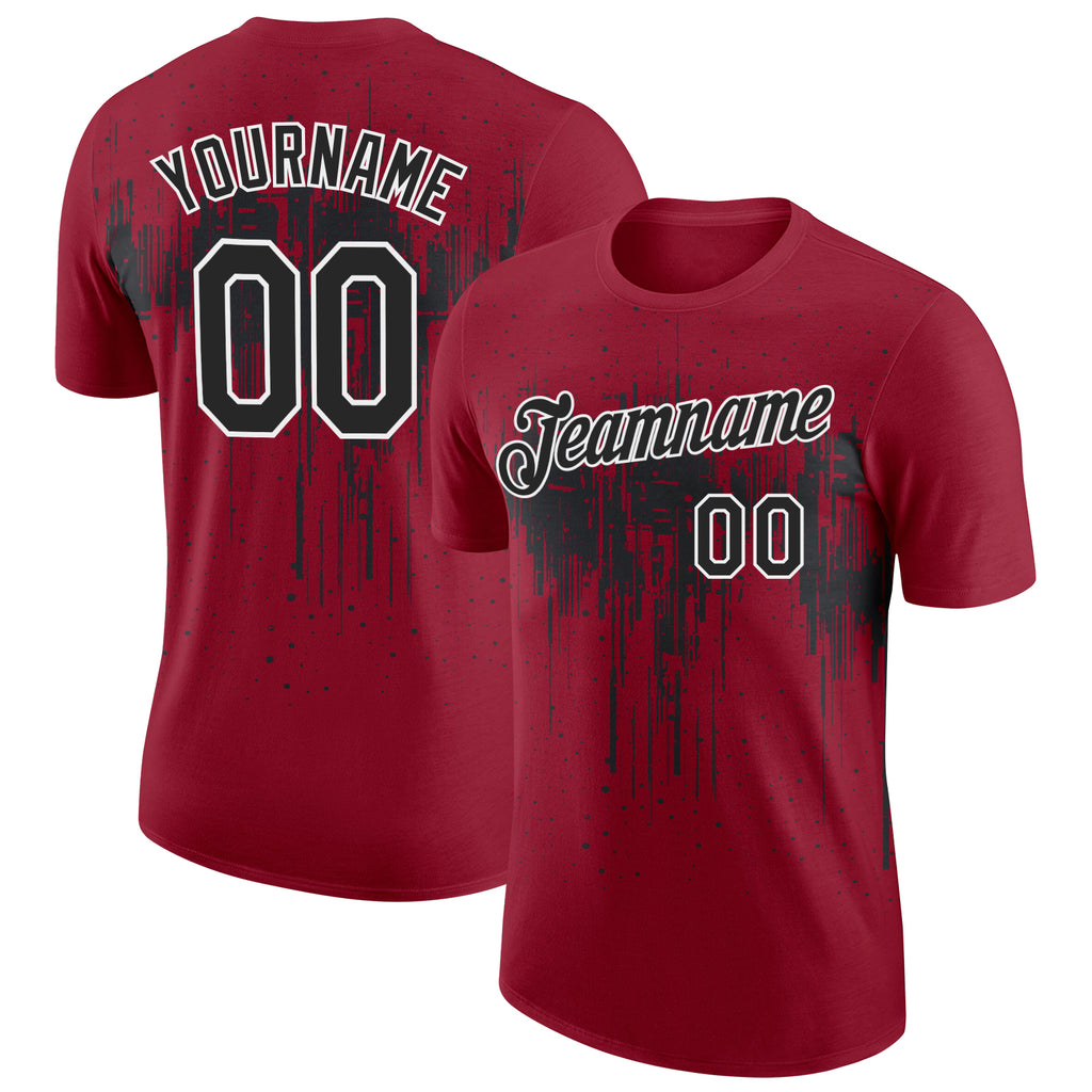 Custom Crimson Black-White Dripping Splatter Paint Performance T-Shirt
