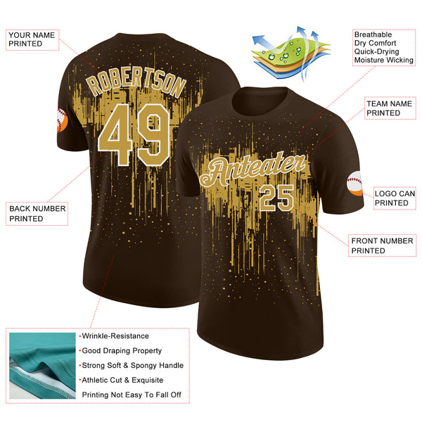Custom Brown Old Gold-White Dripping Splatter Paint Performance T-Shirt