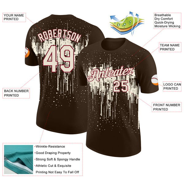 Custom Brown Cream-Crimson Dripping Splatter Paint Performance T-Shirt