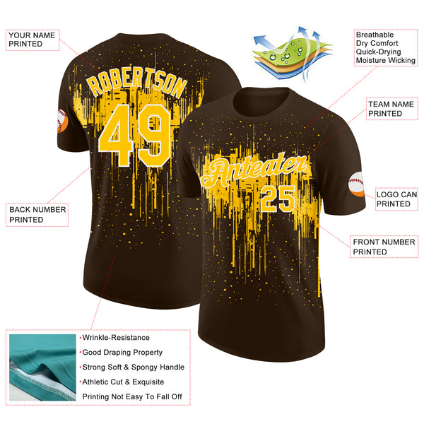 Custom Brown Yellow-White Dripping Splatter Paint Performance T-Shirt