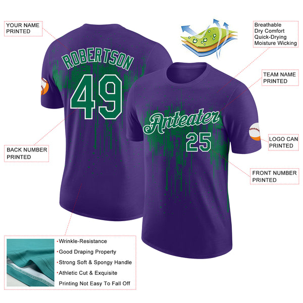 Custom Purple Kelly Green-White Dripping Splatter Paint Performance T-Shirt