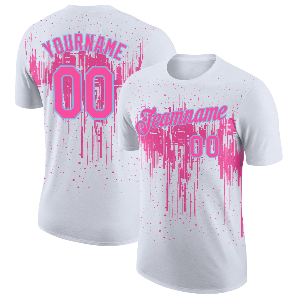 Custom White Pink-Light Blue Dripping Splatter Paint Performance T-Shirt