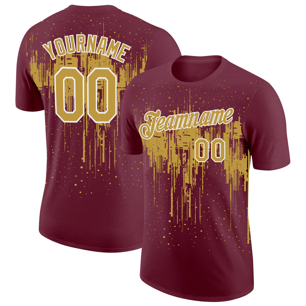 Custom Burgundy Old Gold-White Dripping Splatter Paint Performance T-Shirt