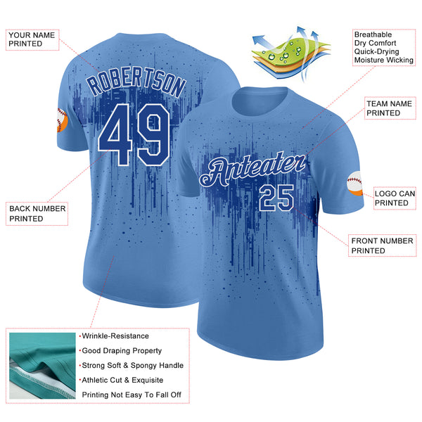 Custom Light Blue Royal-White Dripping Splatter Paint Performance T-Shirt