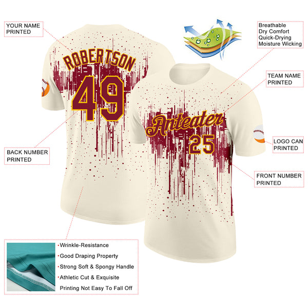 Custom Cream Crimson-Yellow Dripping Splatter Paint Performance T-Shirt