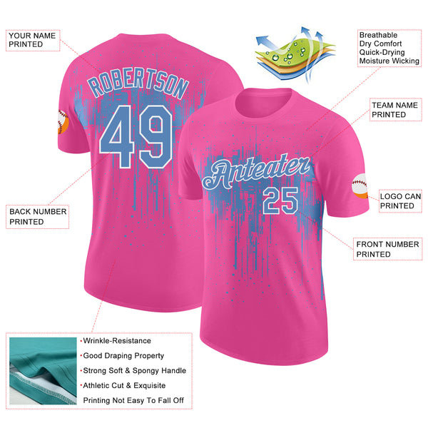 Custom Pink Light Blue-White Dripping Splatter Paint Performance T-Shirt