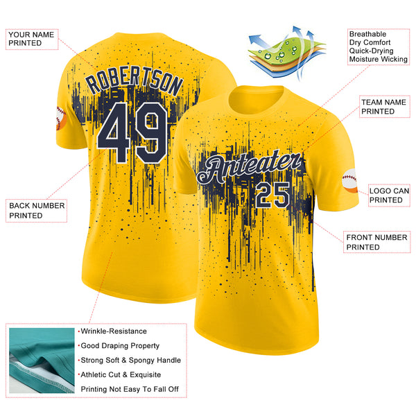 Custom Yellow Navy-White Dripping Splatter Paint Performance T-Shirt