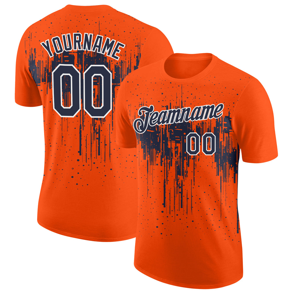 Custom Orange Navy-White Dripping Splatter Paint Performance T-Shirt