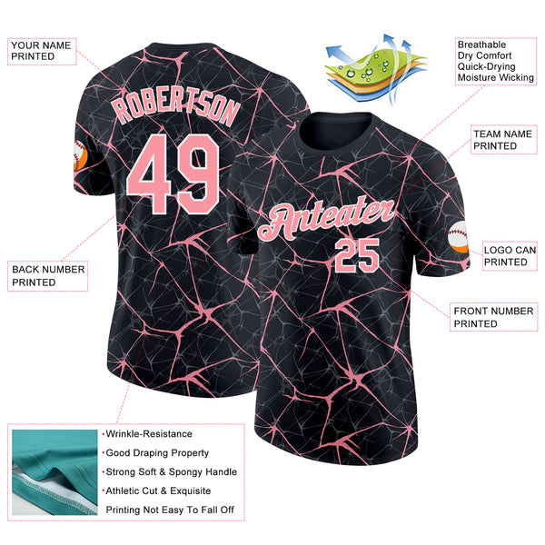 Custom Black Medium Pink Gray-White Abstract Network Crackle Performance T-Shirt