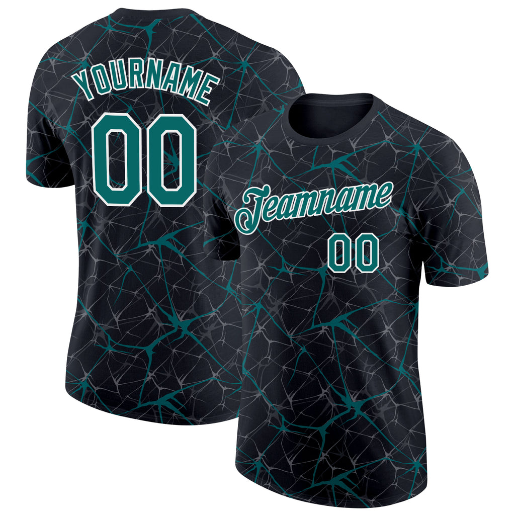Custom Black Teal Gray-White Abstract Network Crackle Performance T-Shirt