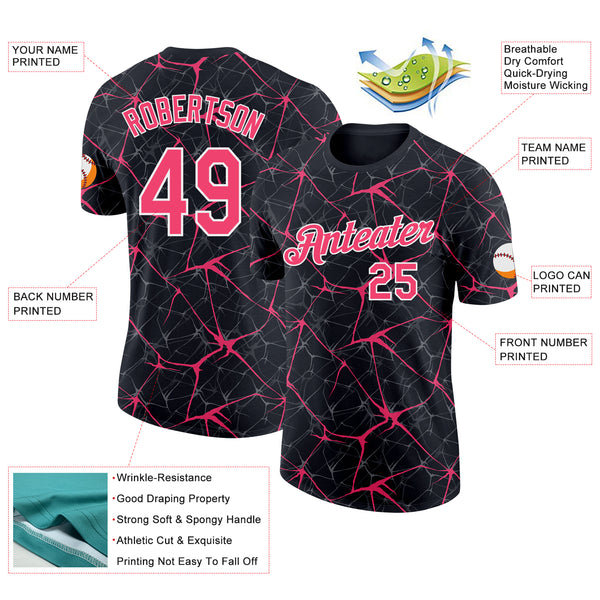 Custom Black Neon Pink Gray-White Abstract Network Crackle Performance T-Shirt