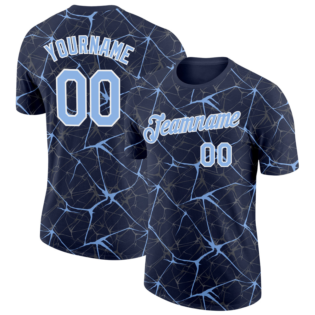Custom Navy Light Blue Gray-White Abstract Network Crackle Performance T-Shirt