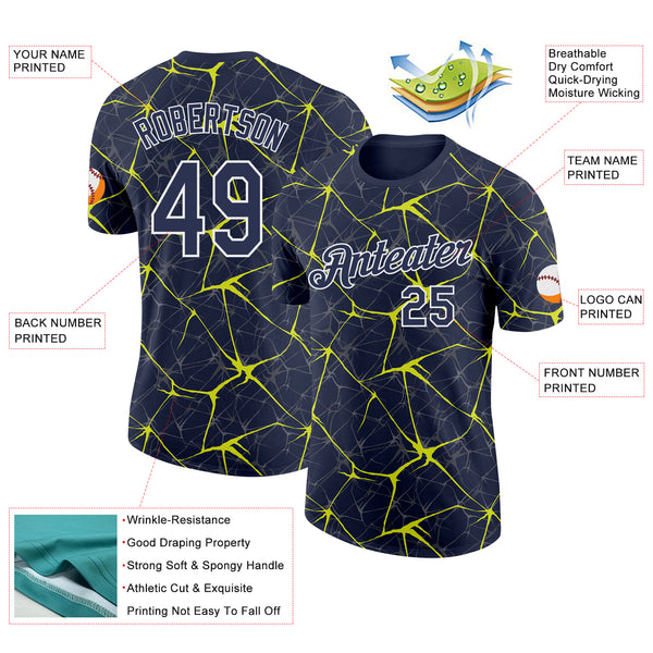 Custom Navy Neon Yellow Gray-White Abstract Network Crackle Performance T-Shirt