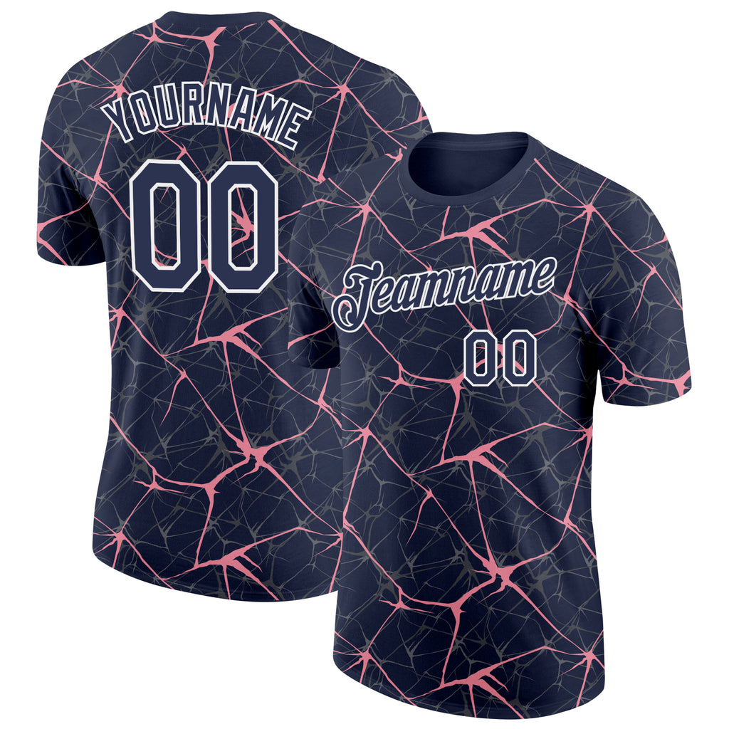 Custom Navy Medium Pink Gray-White Abstract Network Crackle Performance T-Shirt