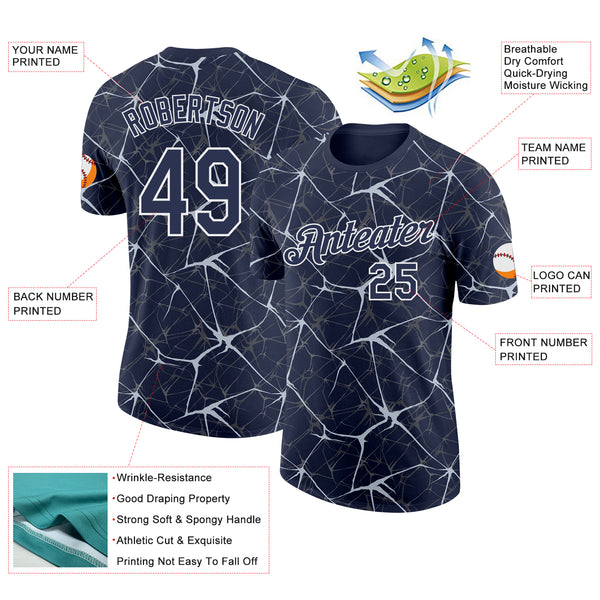 Custom Navy Silver Gray-White Abstract Network Crackle Performance T-Shirt