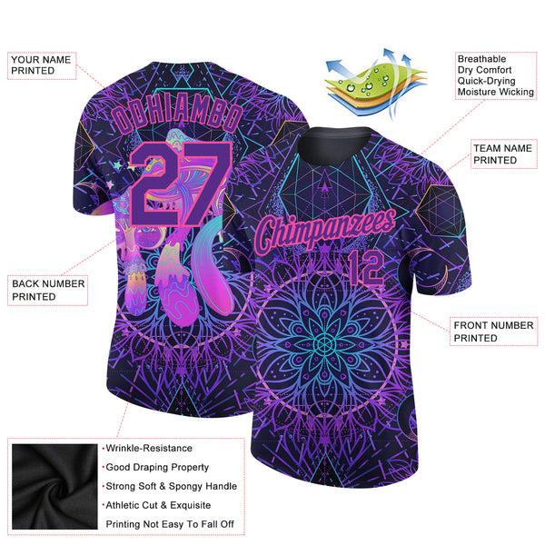 Custom Black Purple-Pink 3D Pattern Design Magic Mushrooms Over Sacred Geometry Psychedelic Hallucination Performance T-Shirt