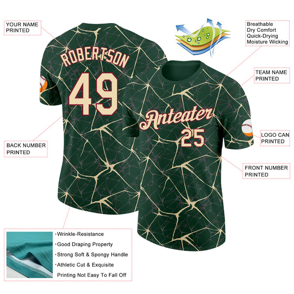 Custom Green Cream Gray-Crimson Abstract Network Crackle Performance T-Shirt