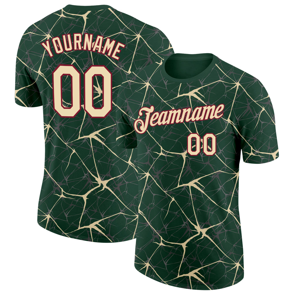 Custom Green Cream Gray-Crimson Abstract Network Crackle Performance T-Shirt