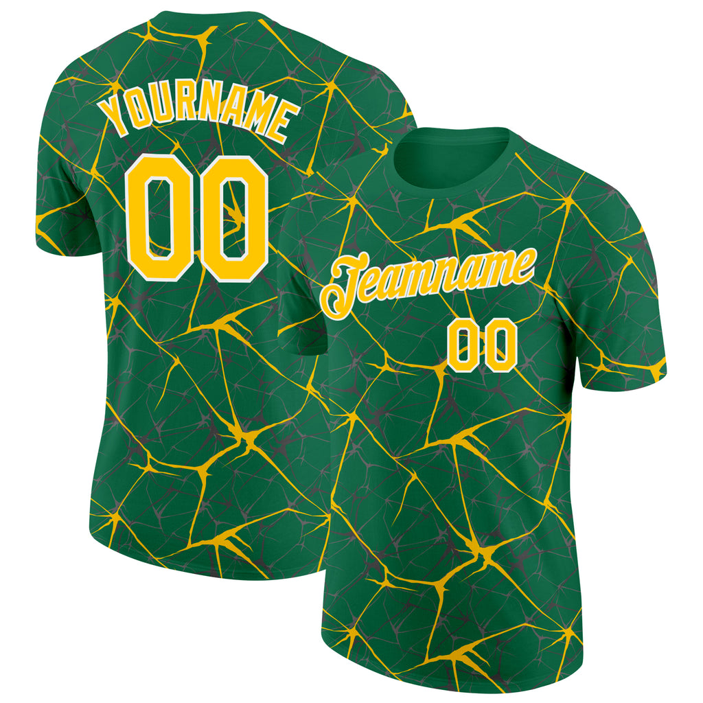 Custom Kelly Green Yellow Gray-White Abstract Network Crackle Performance T-Shirt