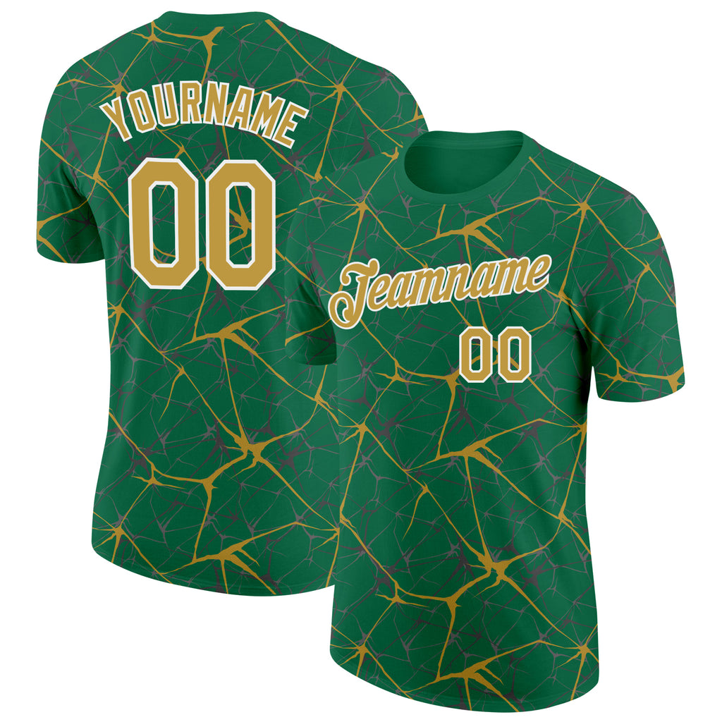 Custom Kelly Green Old Gold Gray-White Abstract Network Crackle Performance T-Shirt
