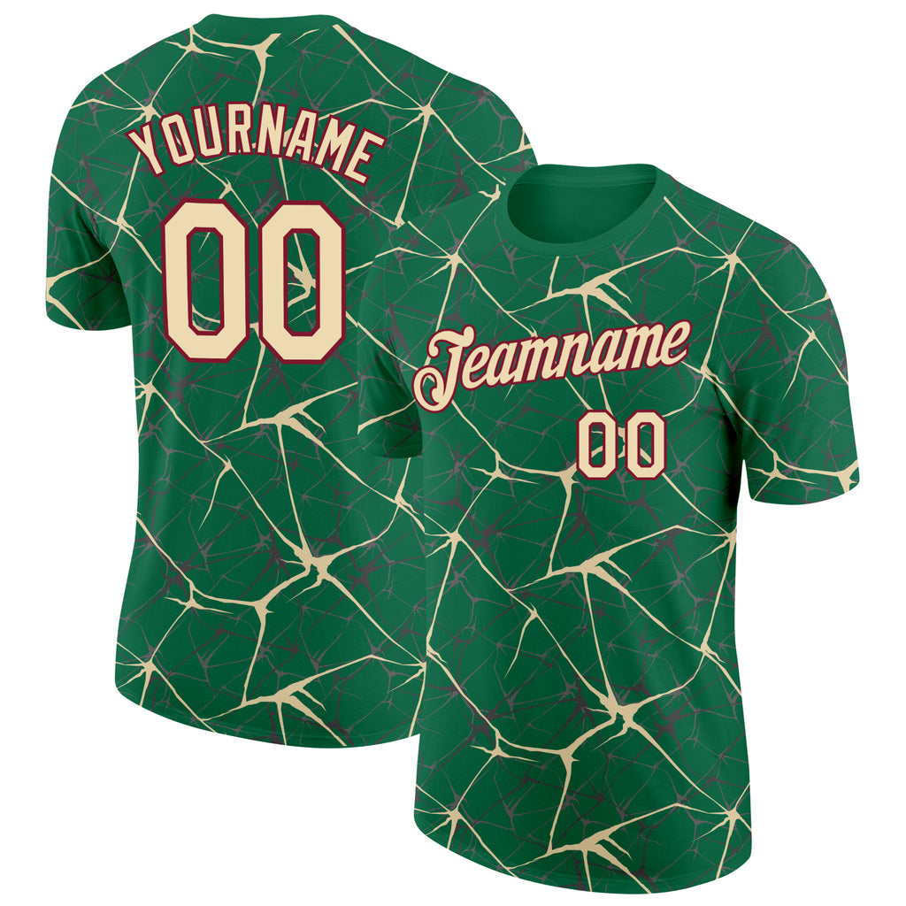 Custom Kelly Green Cream Gray-Crimson Abstract Network Crackle Performance T-Shirt