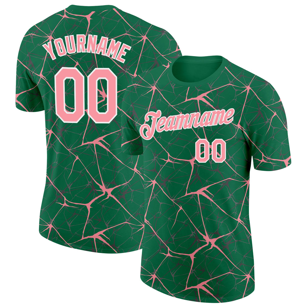 Custom Kelly Green Medium Pink Gray-White Abstract Network Crackle Performance T-Shirt
