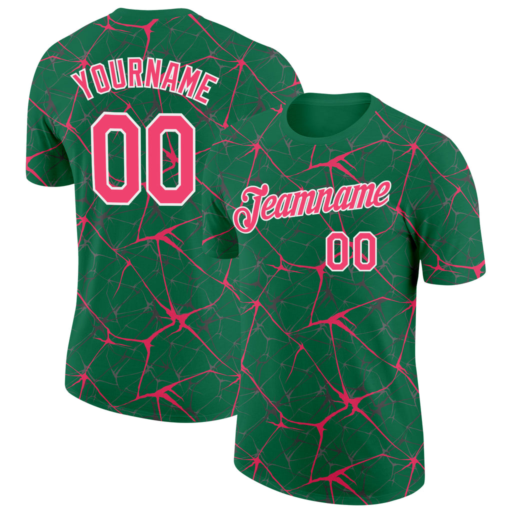 Custom Kelly Green Neon Pink Gray-White Abstract Network Crackle Performance T-Shirt