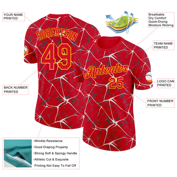 Custom Red White Gray-Yellow Abstract Network Crackle Performance T-Shirt