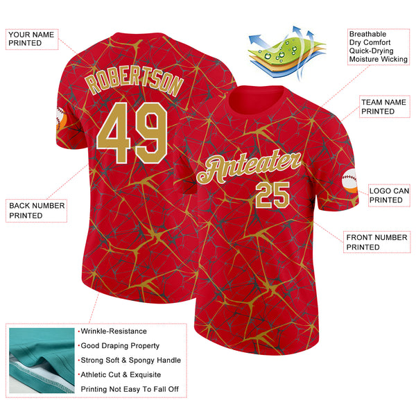 Custom Red Old Gold Gray-White Abstract Network Crackle Performance T-Shirt