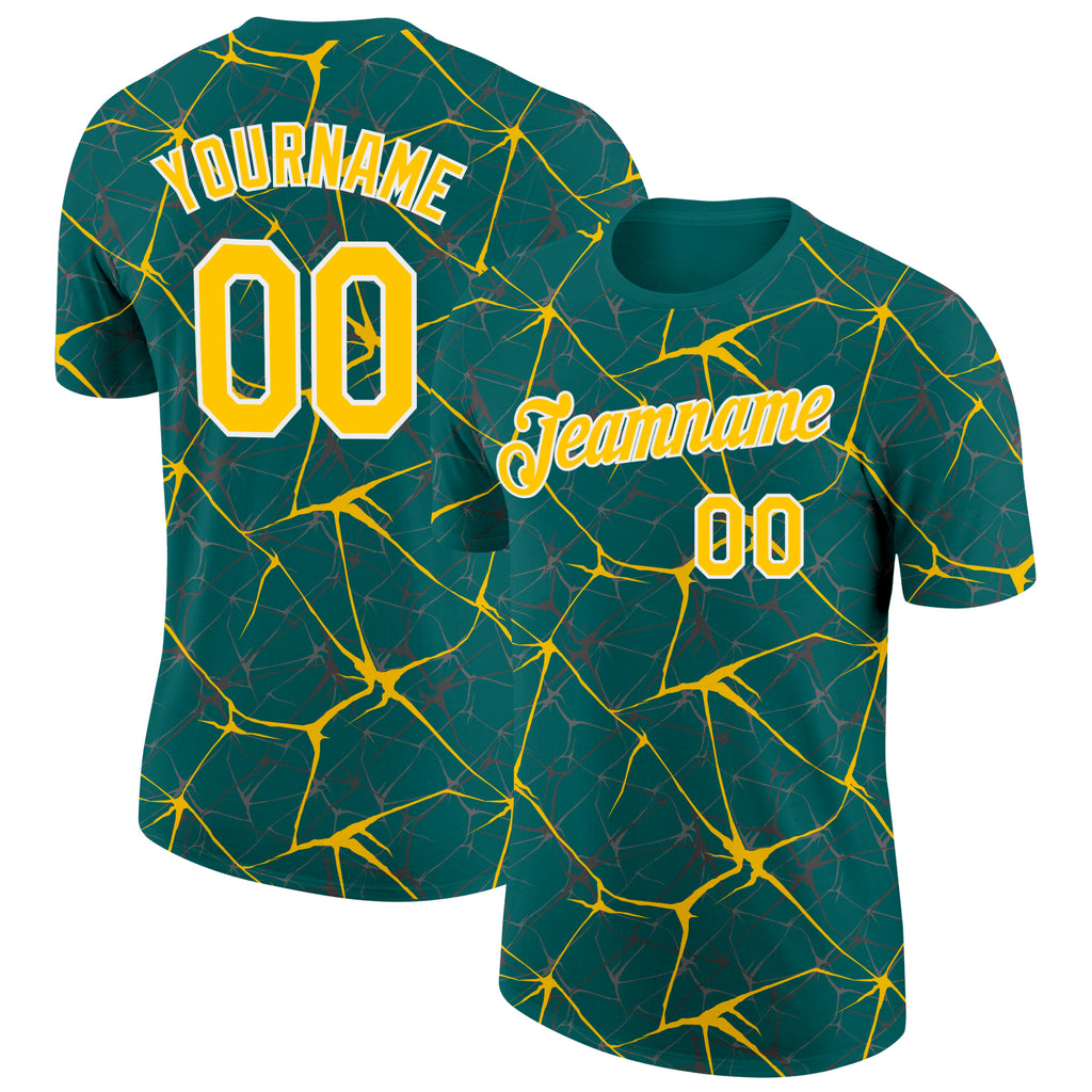Custom Teal Yellow Gray-White Abstract Network Crackle Performance T-Shirt