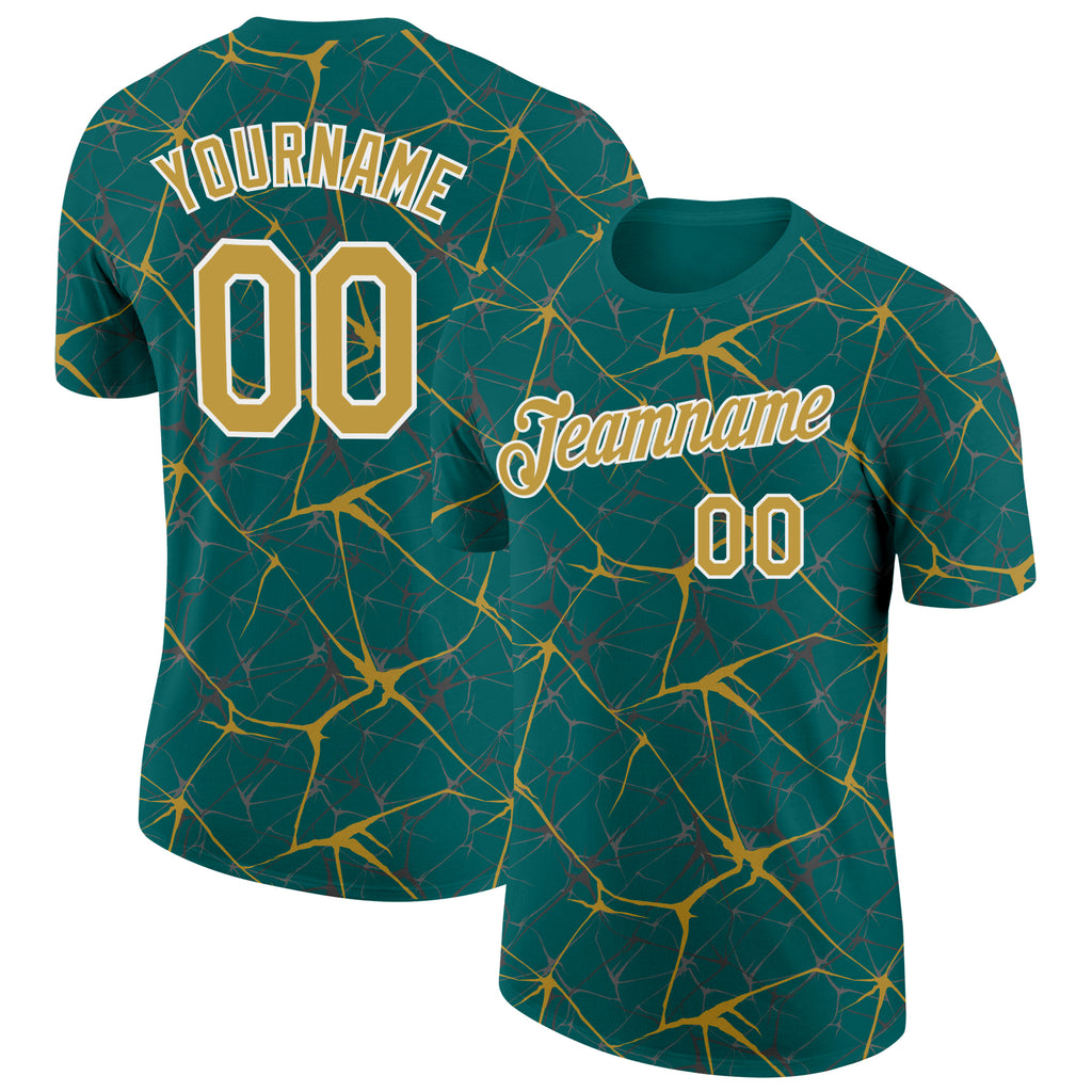 Custom Teal Old Gold Gray-White Abstract Network Crackle Performance T-Shirt