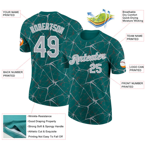 Custom Teal Gray-White Abstract Network Crackle Performance T-Shirt