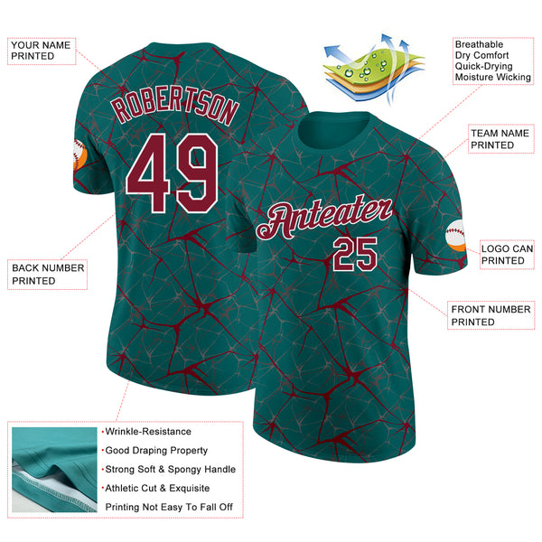 Custom Teal Crimson Gray-White Abstract Network Crackle Performance T-Shirt