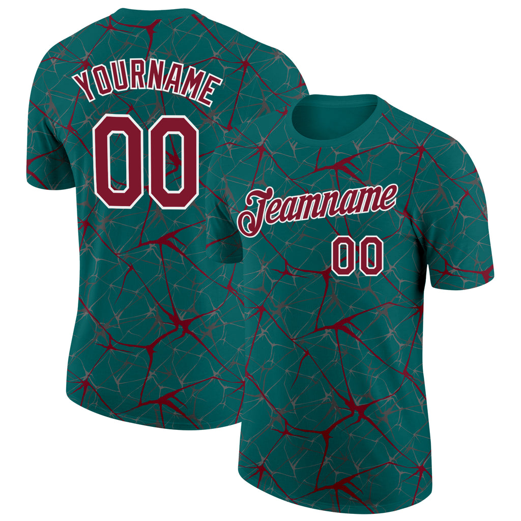 Custom Teal Crimson Gray-White Abstract Network Crackle Performance T-Shirt