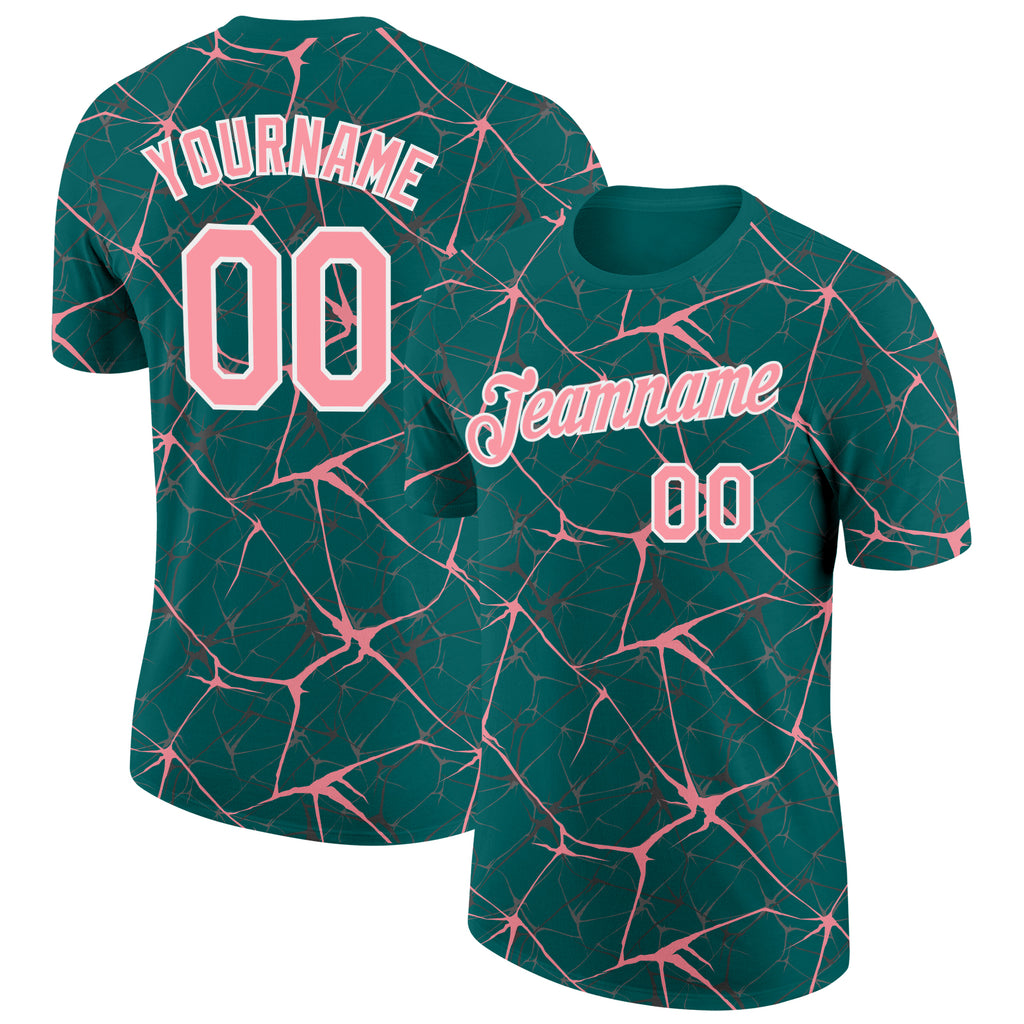 Custom Teal Medium Pink Gray-White Abstract Network Crackle Performance T-Shirt