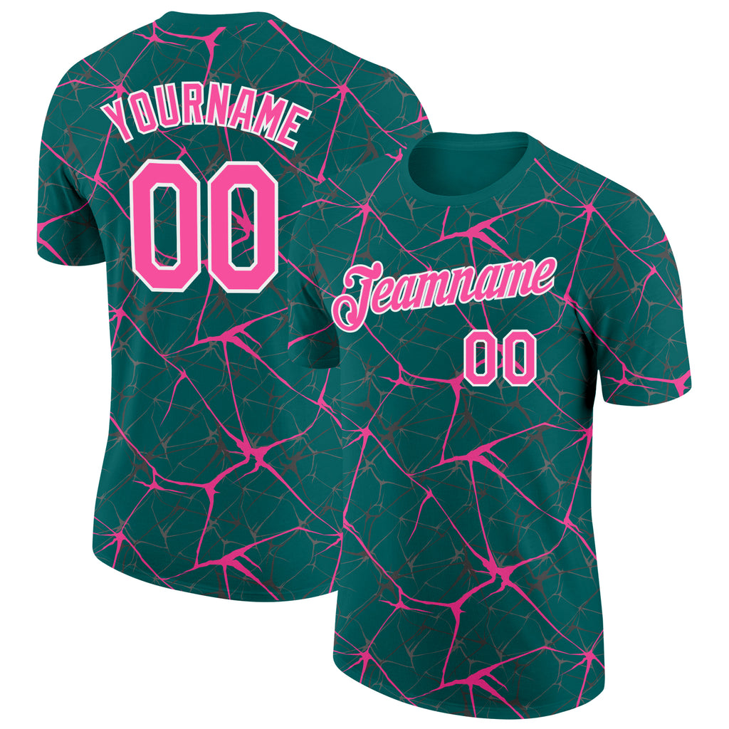 Custom Teal Pink Gray-White Abstract Network Crackle Performance T-Shirt