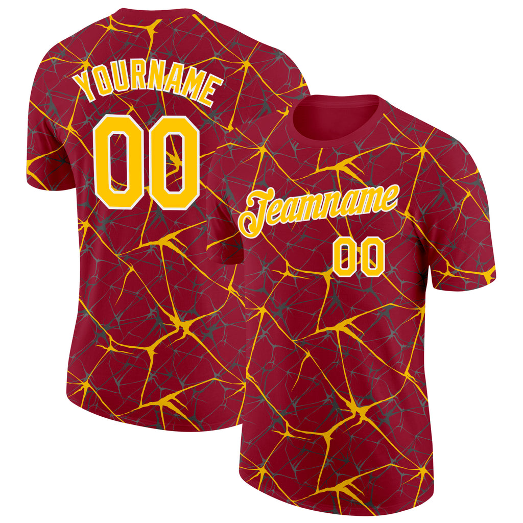 Custom Crimson Yellow Gray-White Abstract Network Crackle Performance T-Shirt