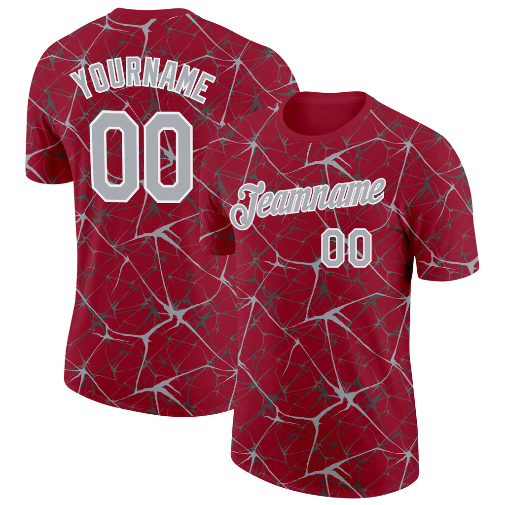 Custom Crimson Gray-White Abstract Network Crackle Performance T-Shirt