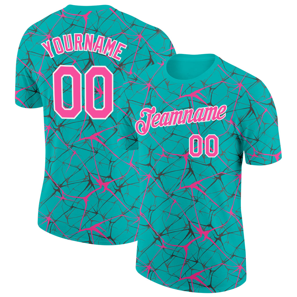 Custom Aqua Pink Gray-White Abstract Network Crackle Performance T-Shirt