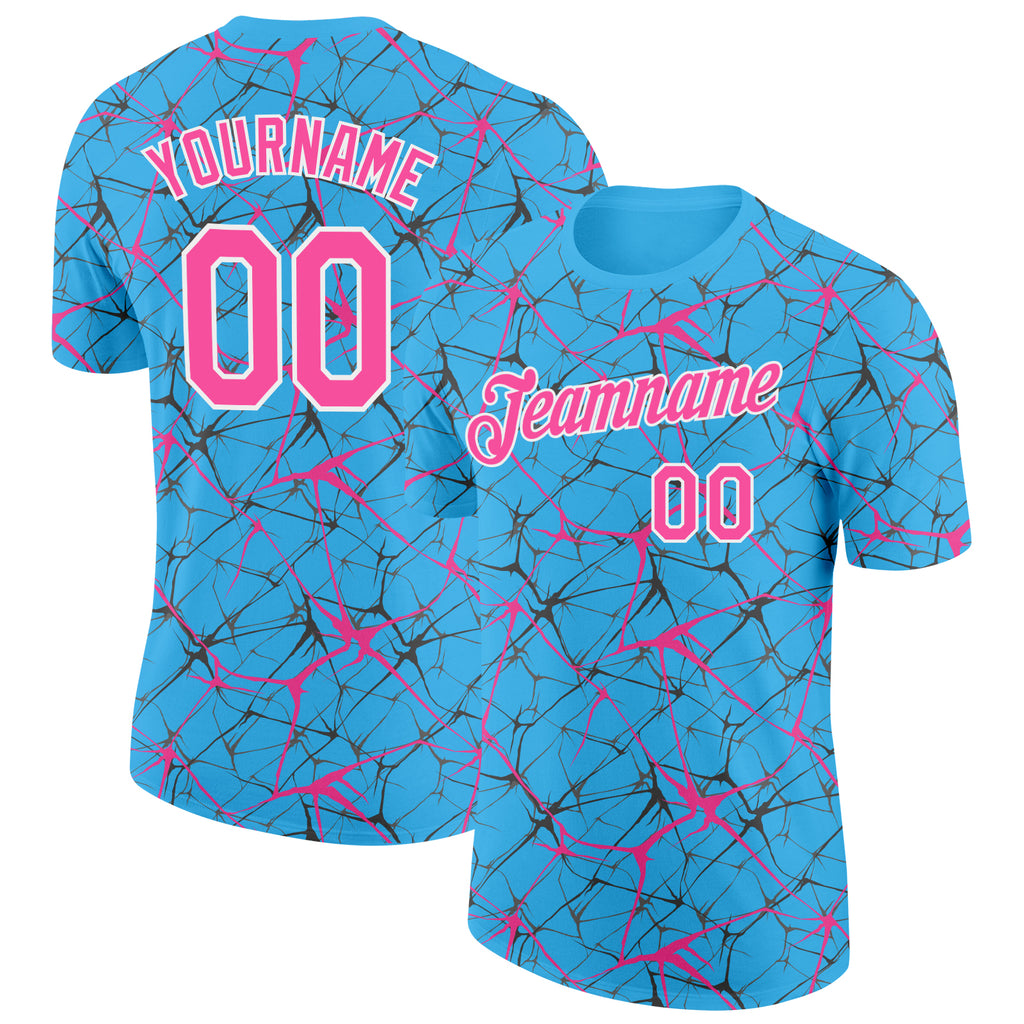 Custom Sky Blue Pink Gray-White Abstract Network Crackle Performance T-Shirt