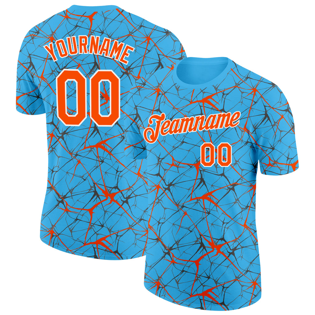 Custom Sky Blue Orange Gray-White Abstract Network Crackle Performance T-Shirt