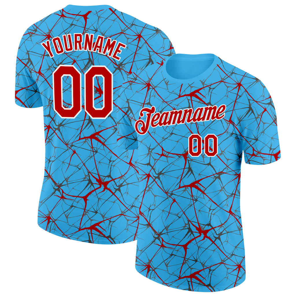 Custom Sky Blue Red Gray-White Abstract Network Crackle Performance T-Shirt