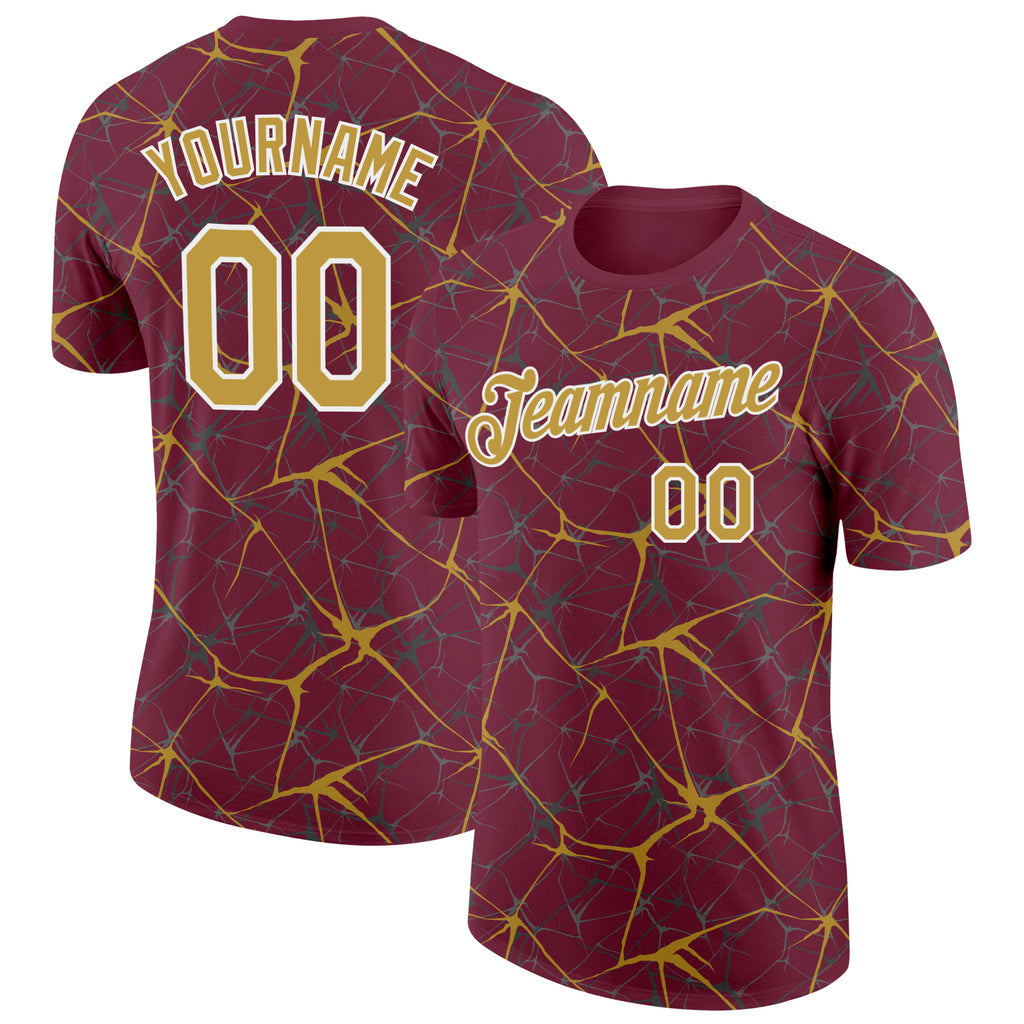 Custom Burgundy Old Gold Gray-White Abstract Network Crackle Performance T-Shirt