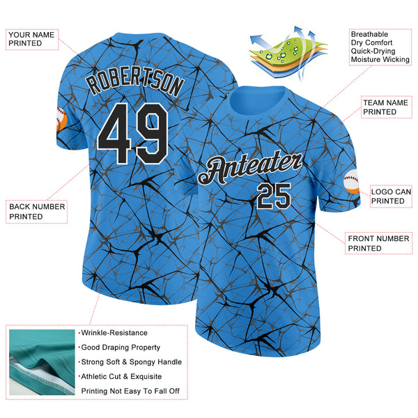 Custom Powder Blue Black Gray-White Abstract Network Crackle Performance T-Shirt